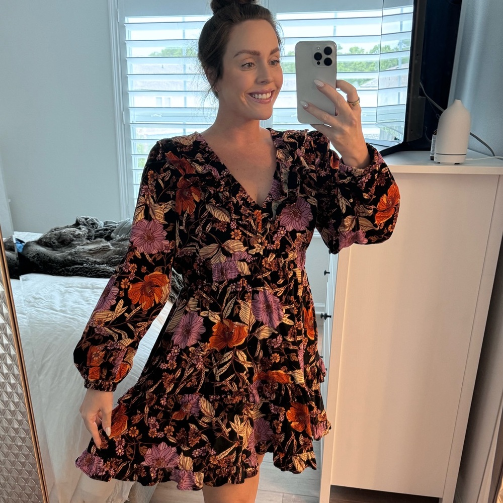 Pilcro Floral Corduroy Tiered Mini Dress - Black, Orange, Purple